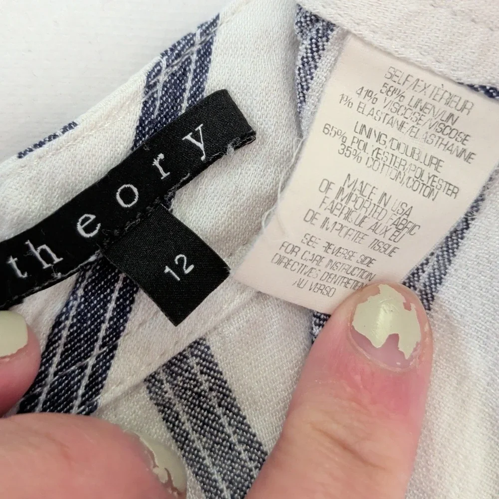 Coastal Striped Linen Blend Mini Skirt Theory Matai Chonos White‎ Blue Size 12